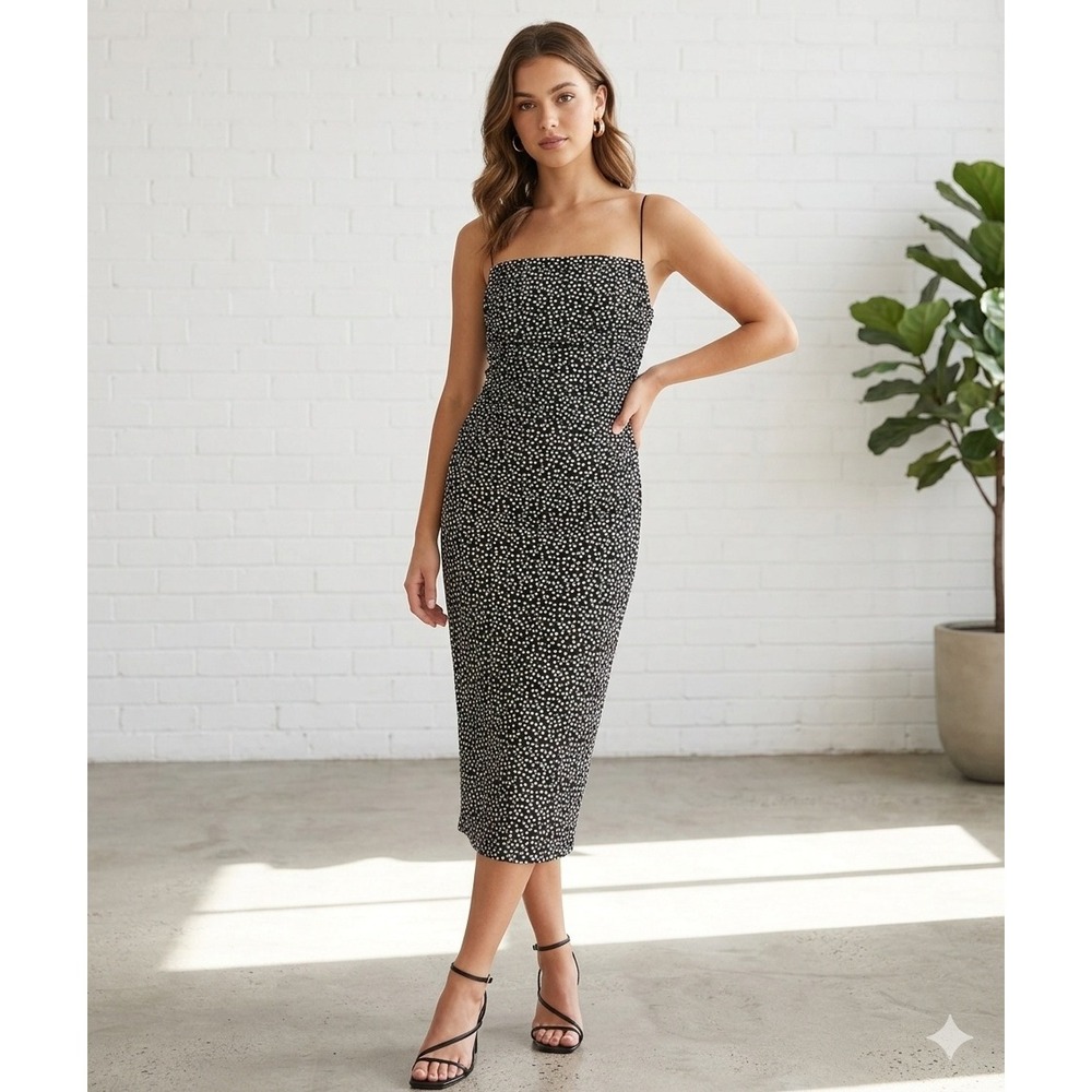 H&M Draped Bodycon Dress Polka Dot Midi Spaghetti Strap Black White XS